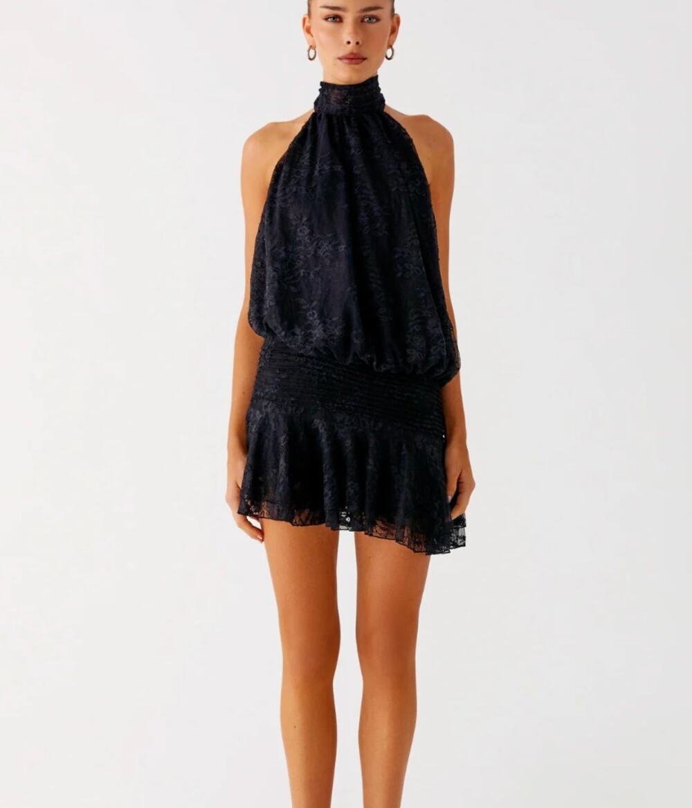 Peppermayo Willow Open Back Black Lace Halter Mini Dress NWT Size 4